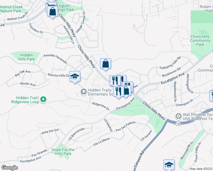 map of restaurants, bars, coffee shops, grocery stores, and more near 2503 Sundial Drive in Chino Hills
