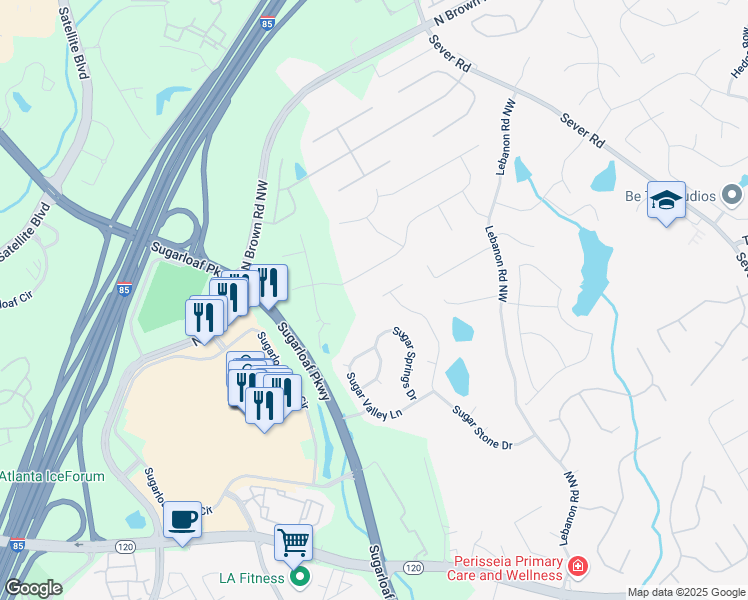 map of restaurants, bars, coffee shops, grocery stores, and more near 2165 Sugarstone Court in Lawrenceville