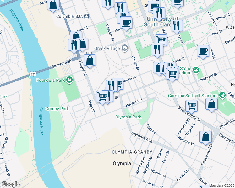 map of restaurants, bars, coffee shops, grocery stores, and more near 631 Whaley Street in Columbia