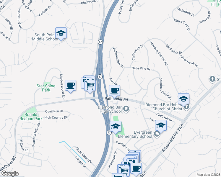 map of restaurants, bars, coffee shops, grocery stores, and more near 1963 Los Cerros Drive in Diamond Bar