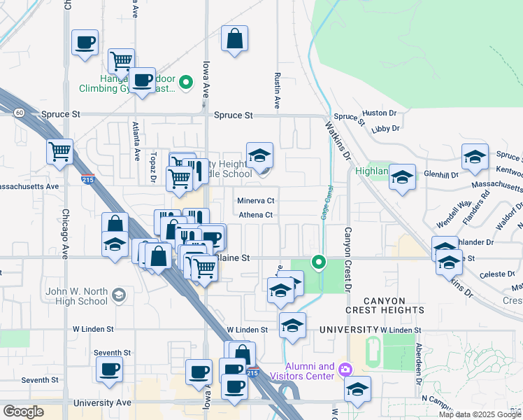 map of restaurants, bars, coffee shops, grocery stores, and more near 1111 Athena Court in Riverside