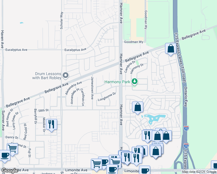 map of restaurants, bars, coffee shops, grocery stores, and more near 12638 Amberhill Avenue in Corona