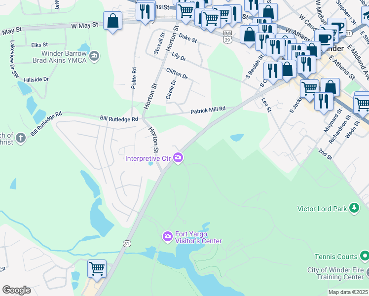 map of restaurants, bars, coffee shops, grocery stores, and more near 147 Highway 81 in Winder