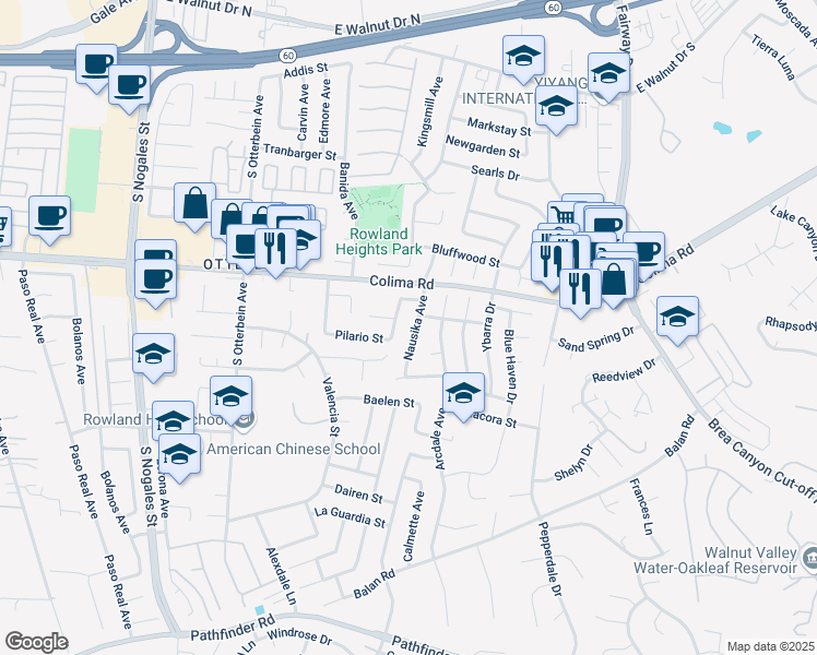 map of restaurants, bars, coffee shops, grocery stores, and more near 1811 Nausika Avenue in Rowland Heights