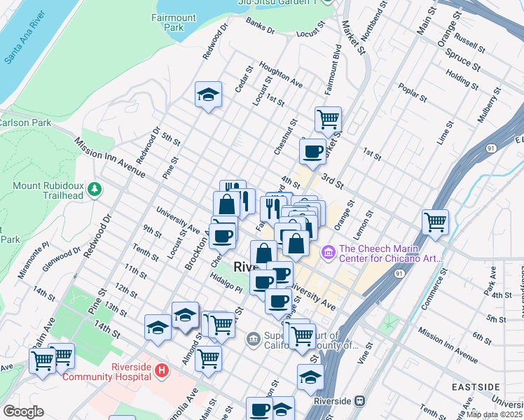 map of restaurants, bars, coffee shops, grocery stores, and more near 3931 6th Street in Riverside