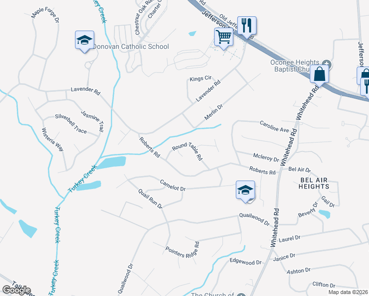map of restaurants, bars, coffee shops, grocery stores, and more near 105 Round Table Court in Athens