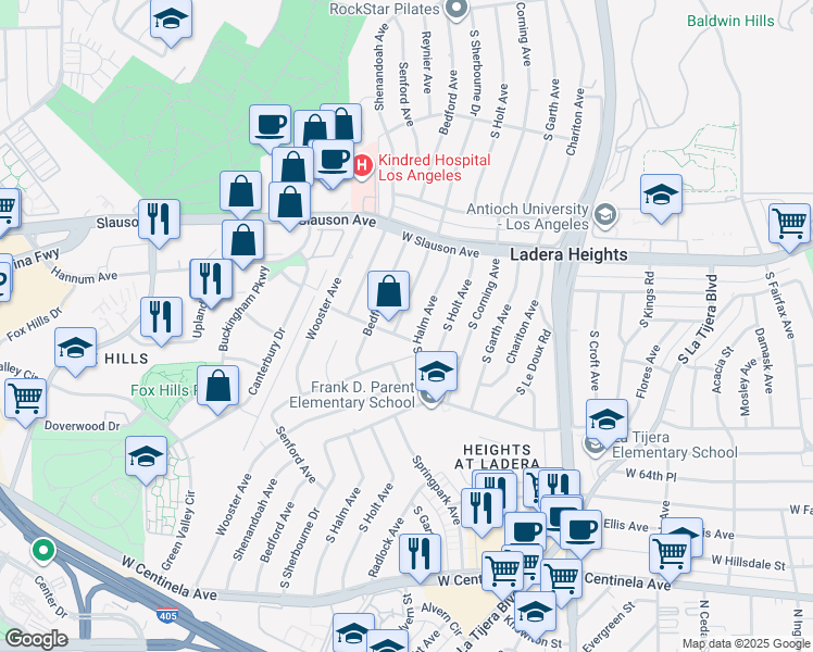 map of restaurants, bars, coffee shops, grocery stores, and more near 6024 South Sherbourne Drive in Los Angeles