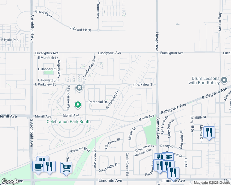 map of restaurants, bars, coffee shops, grocery stores, and more near 4836 South Monarch Place in Ontario