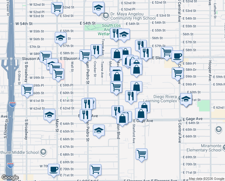 map of restaurants, bars, coffee shops, grocery stores, and more near 505 East 60th Street in Los Angeles