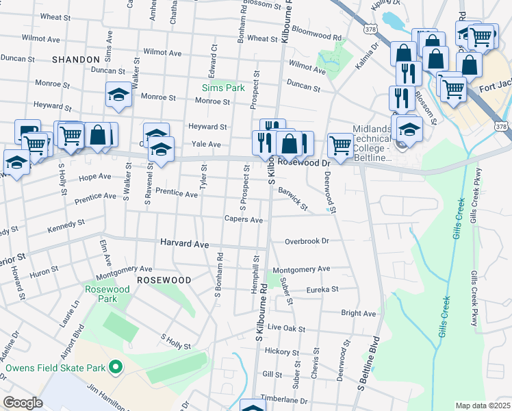map of restaurants, bars, coffee shops, grocery stores, and more near 403 Hemphill Street in Columbia