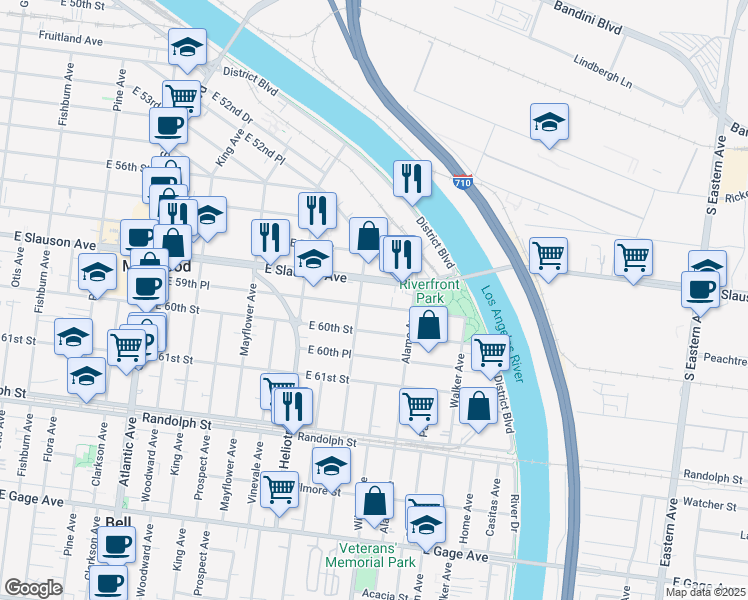 map of restaurants, bars, coffee shops, grocery stores, and more near 4917 East 59th Place in Maywood