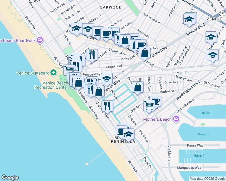 map of restaurants, bars, coffee shops, grocery stores, and more near in Los Angeles