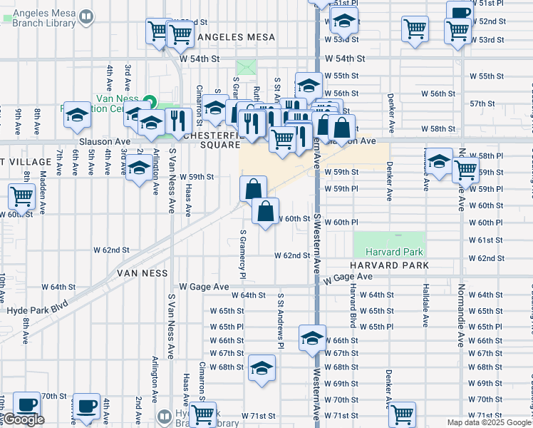 map of restaurants, bars, coffee shops, grocery stores, and more near 1933 West 60th Street in Los Angeles