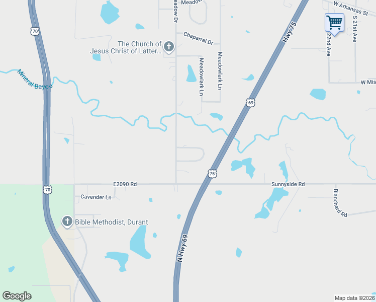 map of restaurants, bars, coffee shops, grocery stores, and more near 103 Quail Ridge Road in Durant