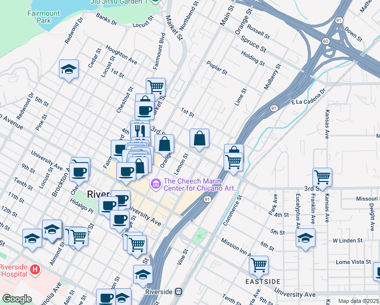 map of restaurants, bars, coffee shops, grocery stores, and more near 3492 3rd Street in Riverside