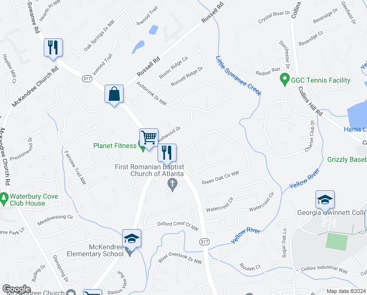 map of restaurants, bars, coffee shops, grocery stores, and more near 1811 Green Oak Circle Northwest in Lawrenceville