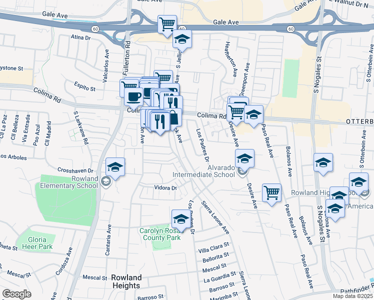 map of restaurants, bars, coffee shops, grocery stores, and more near 1824 Jellick Avenue in Rowland Heights
