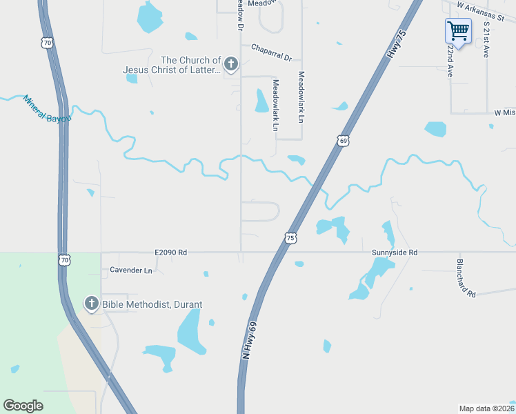 map of restaurants, bars, coffee shops, grocery stores, and more near 103 Quail Ridge Road in Durant