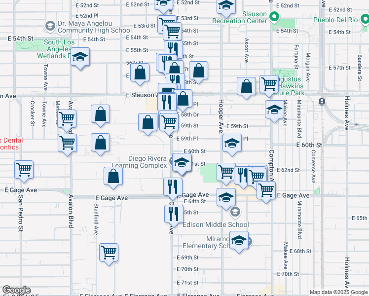 map of restaurants, bars, coffee shops, grocery stores, and more near 1133 East 60th Street in Los Angeles
