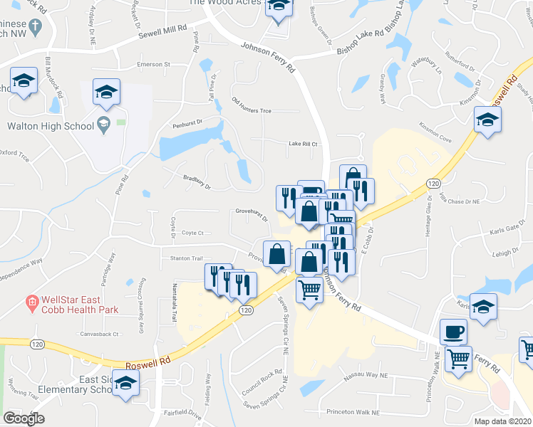map of restaurants, bars, coffee shops, grocery stores, and more near 1424 Grovehurst Drive in Marietta