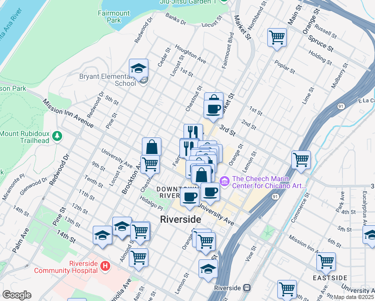 map of restaurants, bars, coffee shops, grocery stores, and more near 3540 Fairmount Blvd in Riverside