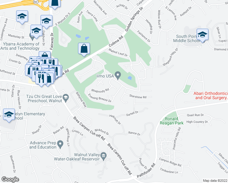 map of restaurants, bars, coffee shops, grocery stores, and more near 1759 Starshine Road in Walnut