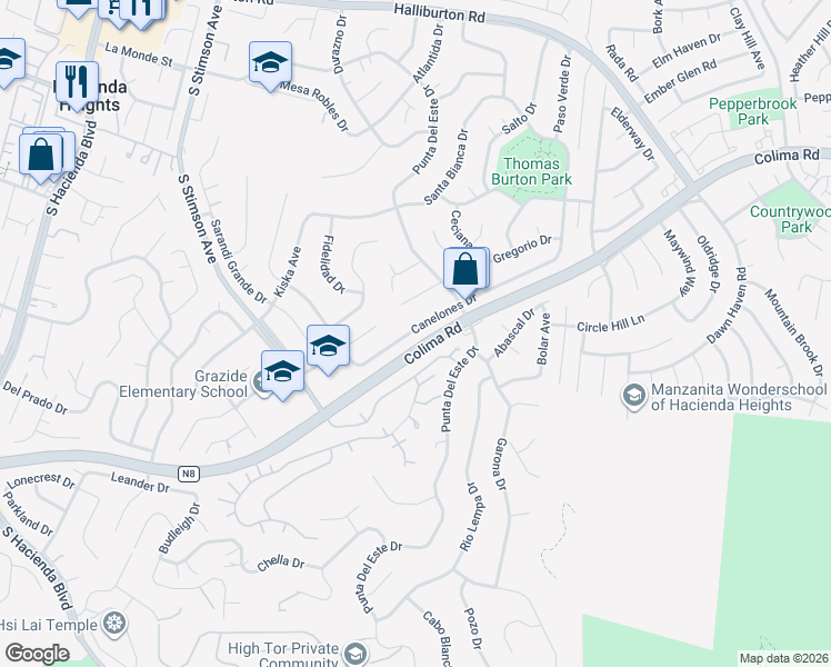 map of restaurants, bars, coffee shops, grocery stores, and more near 16340 Canelones Drive in Hacienda Heights