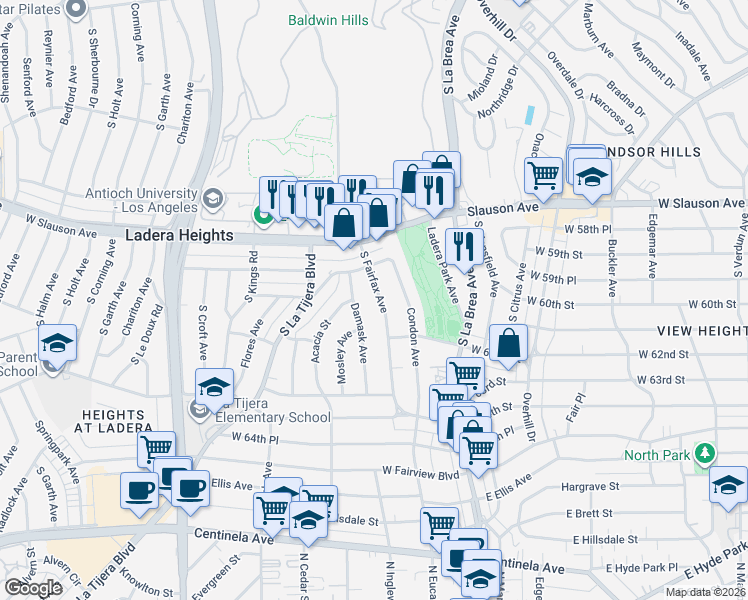 map of restaurants, bars, coffee shops, grocery stores, and more near 6009 South Fairfax Avenue in Los Angeles