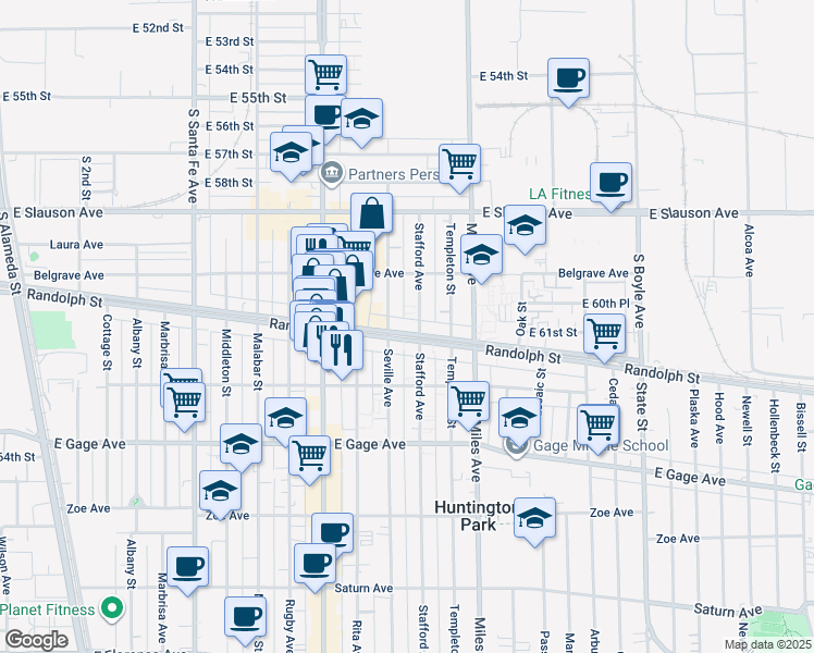 map of restaurants, bars, coffee shops, grocery stores, and more near 2701 Randolph Street in Huntington Park