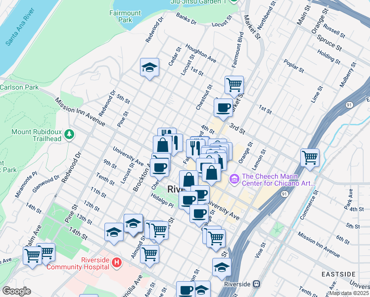 map of restaurants, bars, coffee shops, grocery stores, and more near 3992 6th Street in Riverside