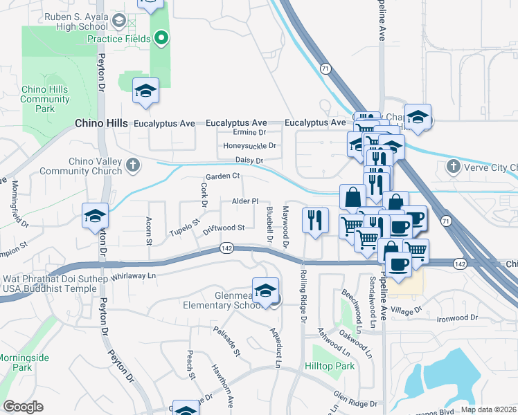 map of restaurants, bars, coffee shops, grocery stores, and more near 14741 Osmunda Avenue in Chino Hills