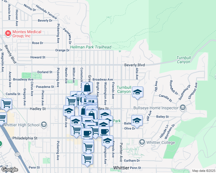 map of restaurants, bars, coffee shops, grocery stores, and more near in Whittier