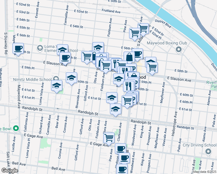 map of restaurants, bars, coffee shops, grocery stores, and more near 4326 East 60th Street in Huntington Park