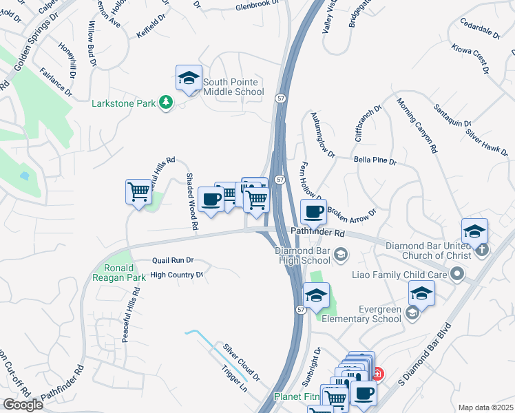 map of restaurants, bars, coffee shops, grocery stores, and more near 1950 South Brea Canyon Road in Diamond Bar