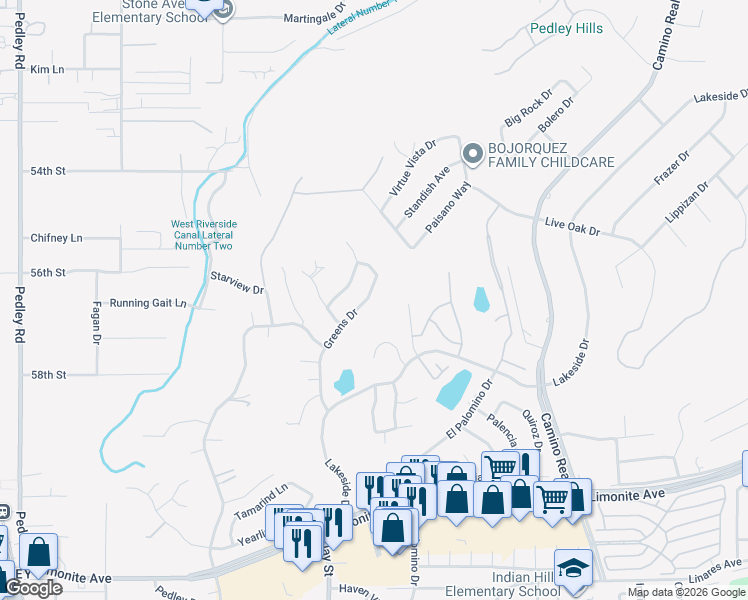 map of restaurants, bars, coffee shops, grocery stores, and more near 5650 Greens Drive in Riverside