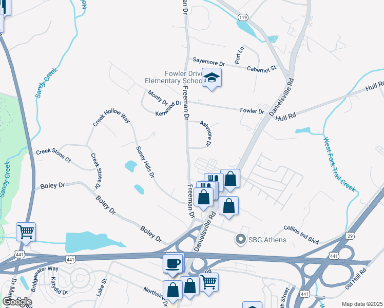 map of restaurants, bars, coffee shops, grocery stores, and more near 404 Freeman Drive in Athens