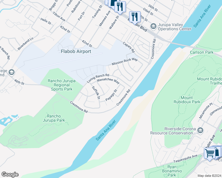 map of restaurants, bars, coffee shops, grocery stores, and more near 4249 Mandan Court in Riverside