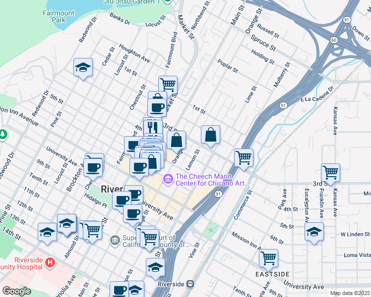 map of restaurants, bars, coffee shops, grocery stores, and more near 3370 Orange Street in Riverside