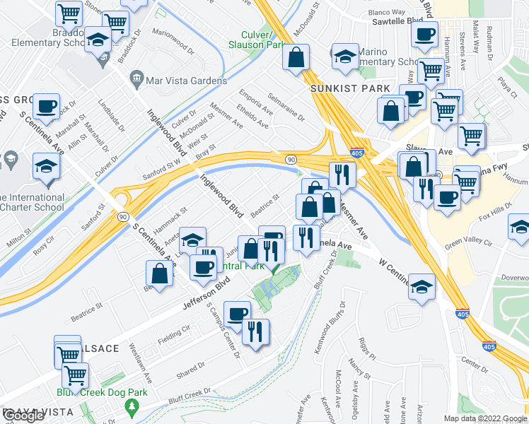 map of restaurants, bars, coffee shops, grocery stores, and more near 11930 Beatrice Street in Culver City