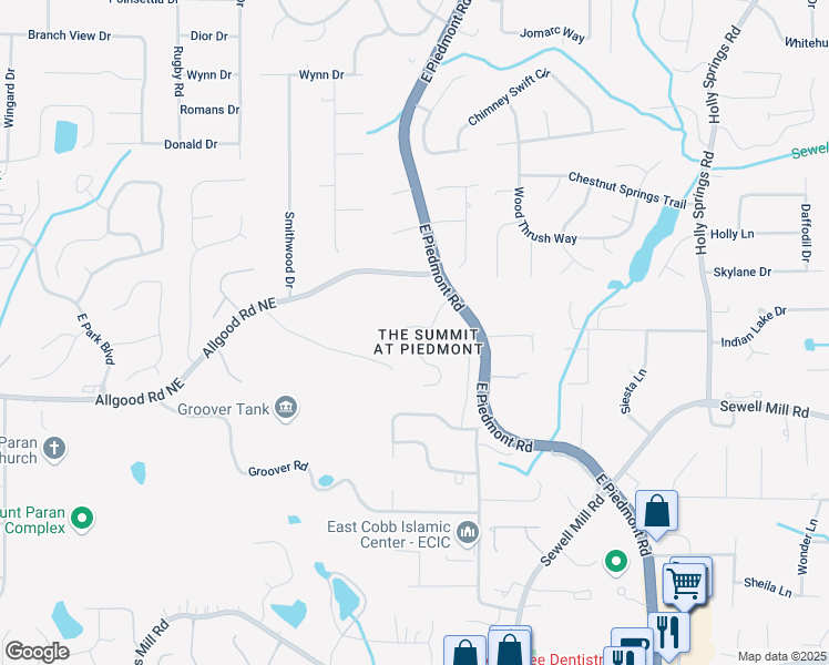 map of restaurants, bars, coffee shops, grocery stores, and more near 2180 Hilltop Overlook Way in Marietta