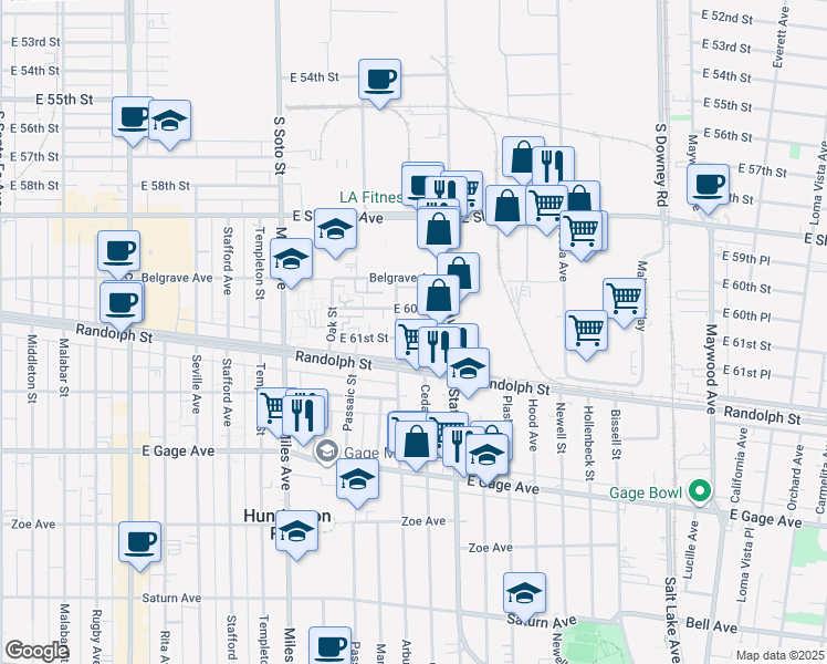map of restaurants, bars, coffee shops, grocery stores, and more near 6100 Arbutus Avenue in Huntington Park
