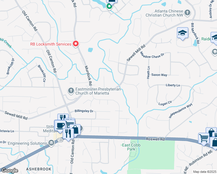 map of restaurants, bars, coffee shops, grocery stores, and more near 3267 Sewell Mill Road in Marietta