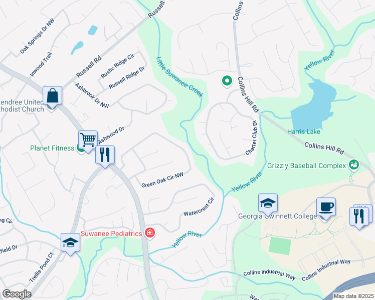 map of restaurants, bars, coffee shops, grocery stores, and more near 1571 Green Oak Circle Northwest in Lawrenceville