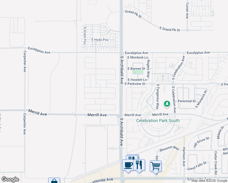map of restaurants, bars, coffee shops, grocery stores, and more near 4845 South Cora Way in Ontario