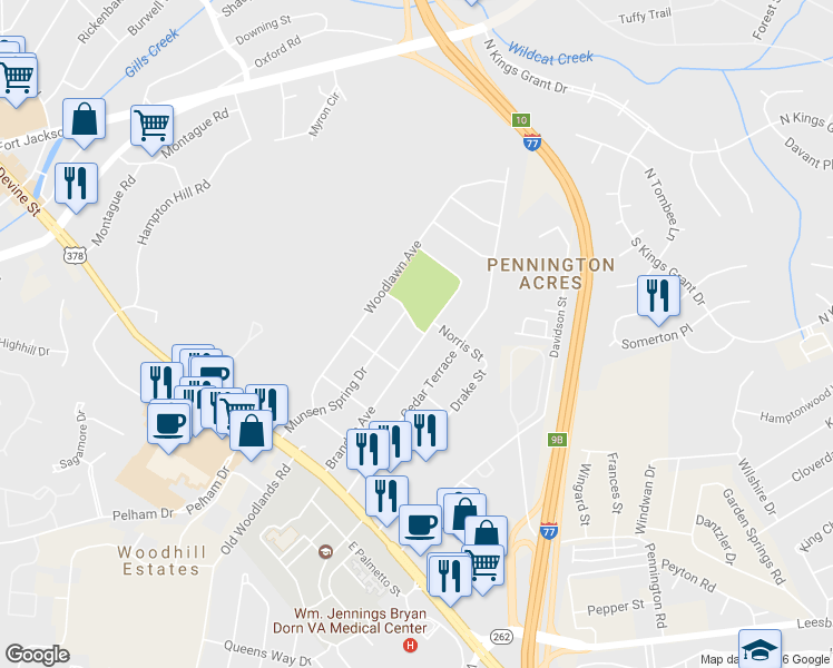 map of restaurants, bars, coffee shops, grocery stores, and more near 1035 Brandon Avenue in Columbia