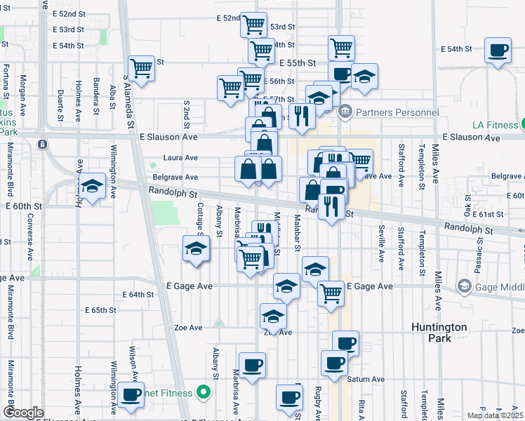 map of restaurants, bars, coffee shops, grocery stores, and more near 6112 Santa Fe Avenue in Huntington Park