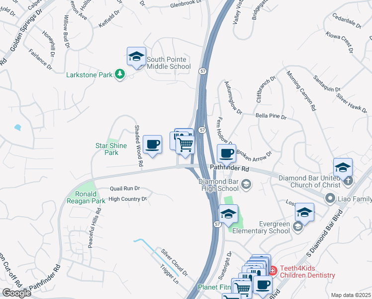 map of restaurants, bars, coffee shops, grocery stores, and more near 1950 South Brea Canyon Road in Diamond Bar