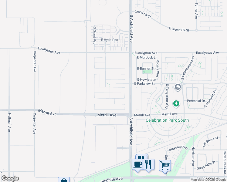 map of restaurants, bars, coffee shops, grocery stores, and more near 2635 E Harper Street in Ontario
