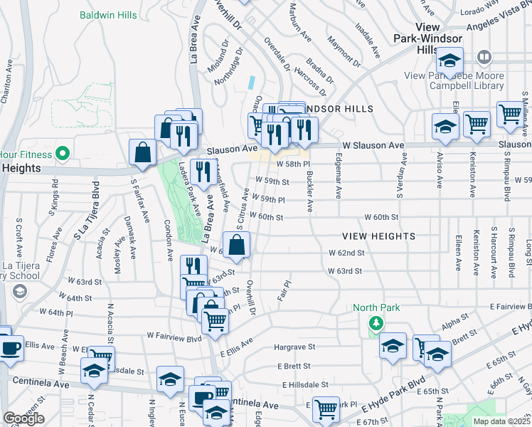 map of restaurants, bars, coffee shops, grocery stores, and more near 4477 West 60th Street in View Park-Windsor Hills