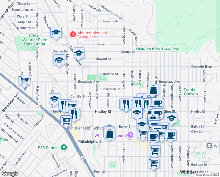 map of restaurants, bars, coffee shops, grocery stores, and more near 12405 Pasadena Street in Whittier